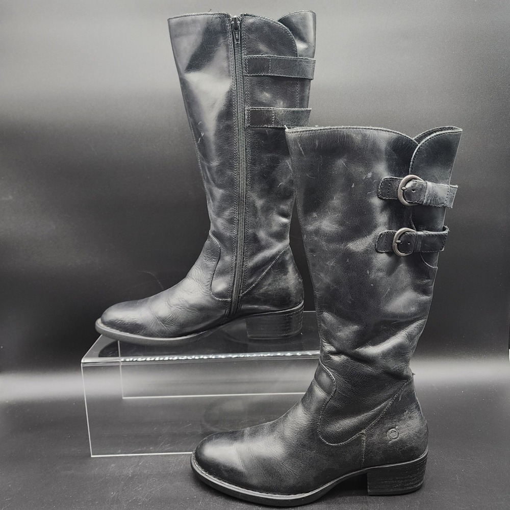 Born 7M Black Leather Tall Riding Boots Moto Biker Buckle Strap Goth Grunge Punk
